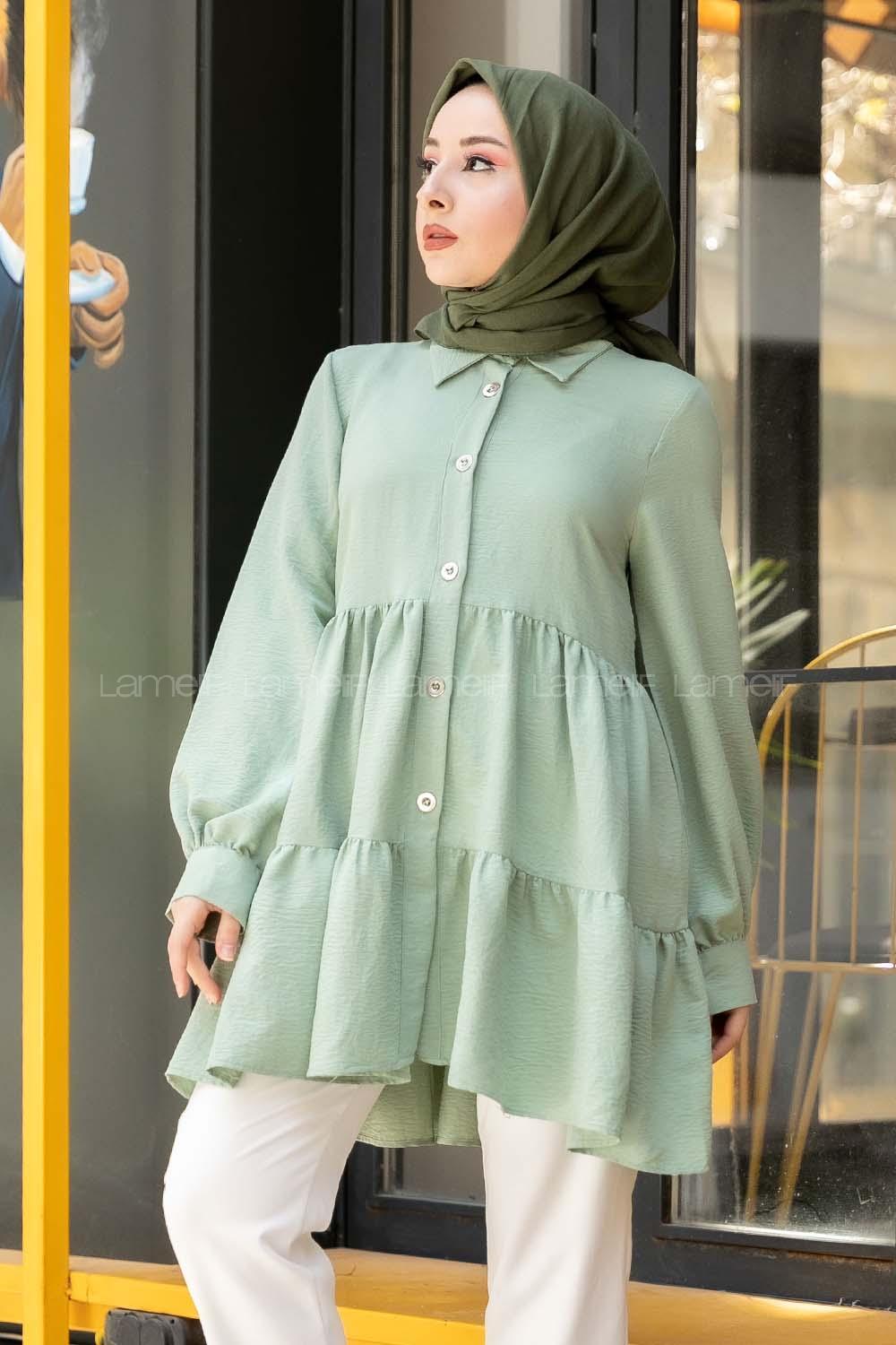 Modalamelif Metal Düğmeli Salaş Tunik Çağla