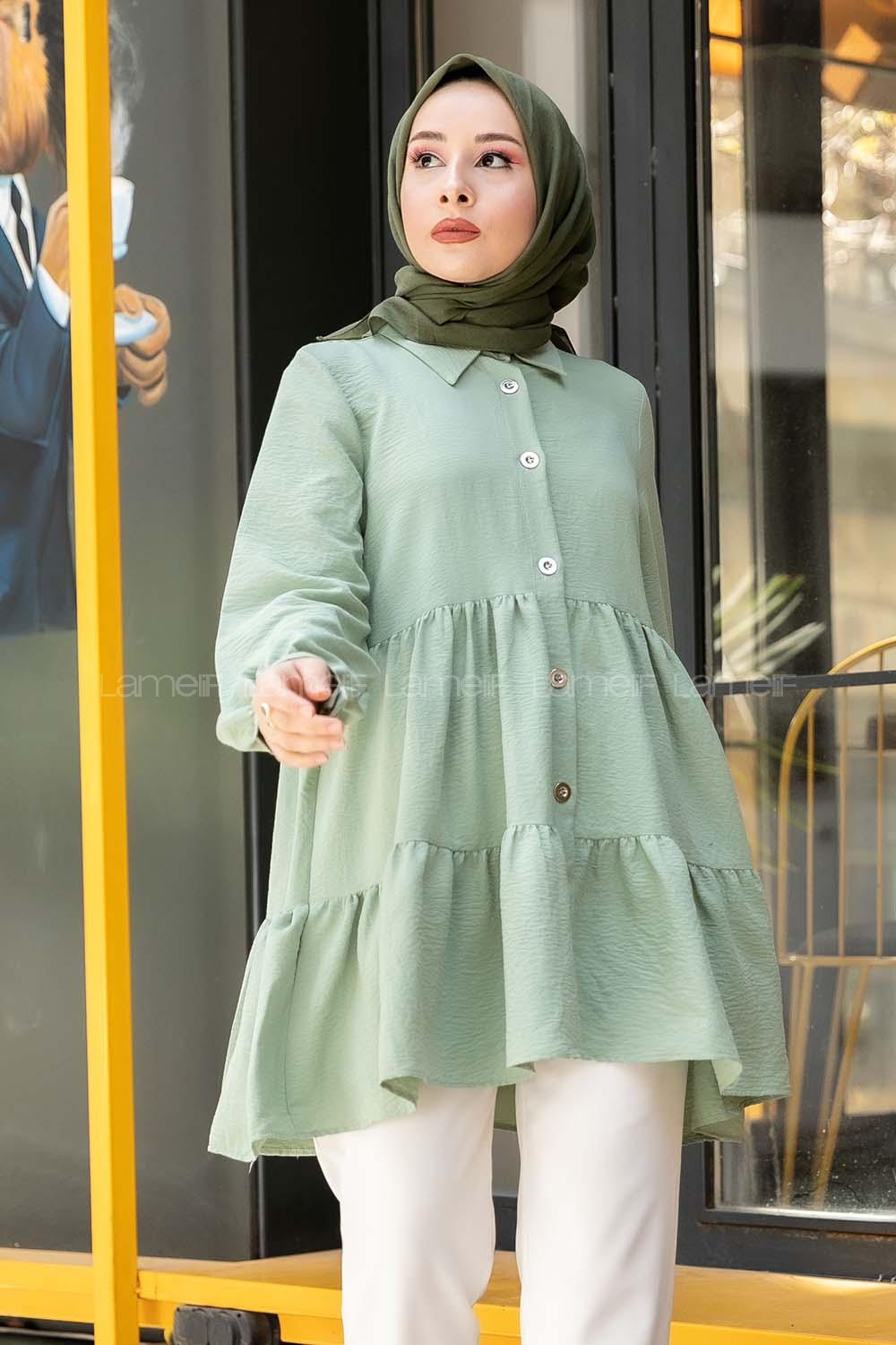 Modalamelif Metal Düğmeli Salaş Tunik Çağla