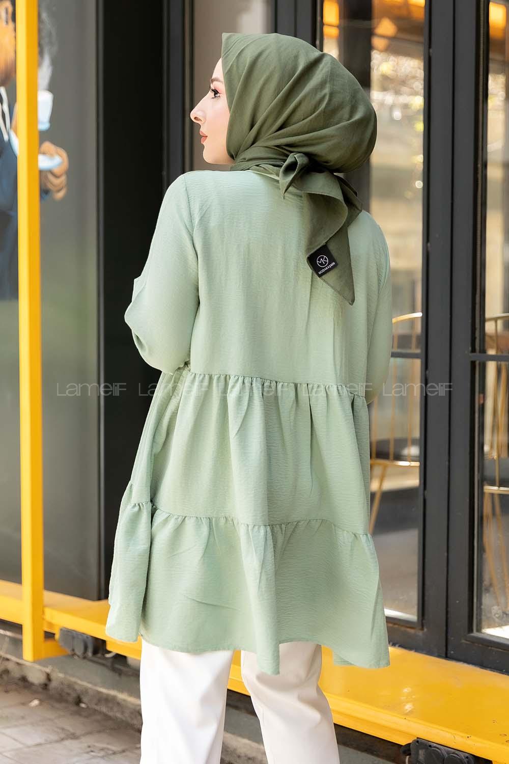 Modalamelif Metal Düğmeli Salaş Tunik Çağla