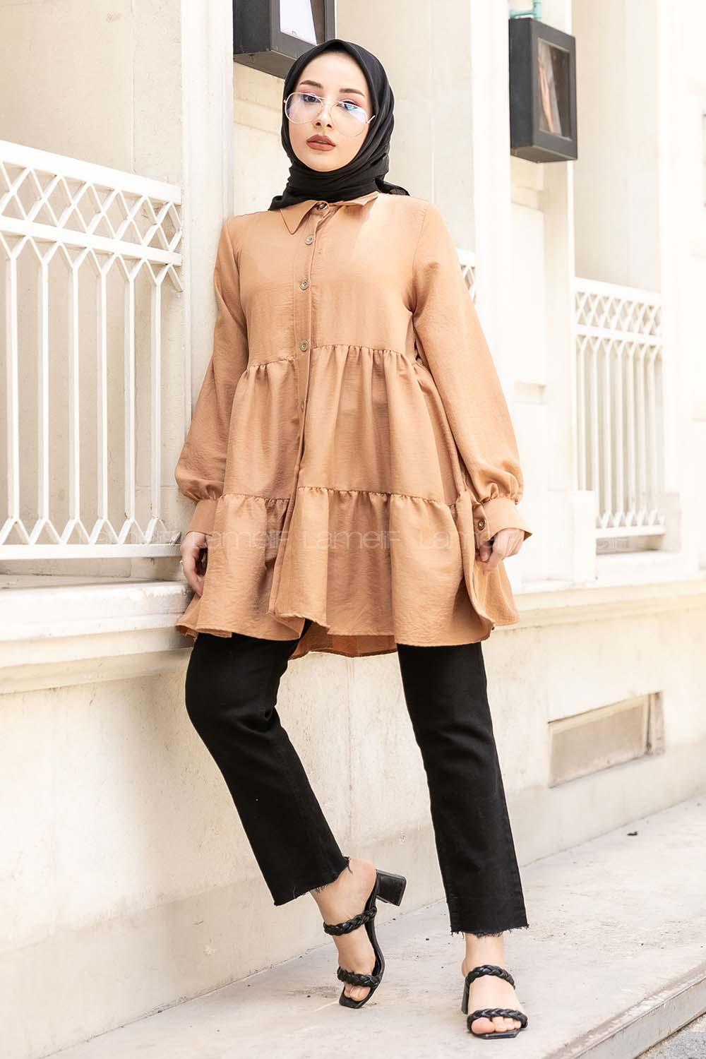 Modalamelif Metal Düğmeli Salaş Tunik Camel
