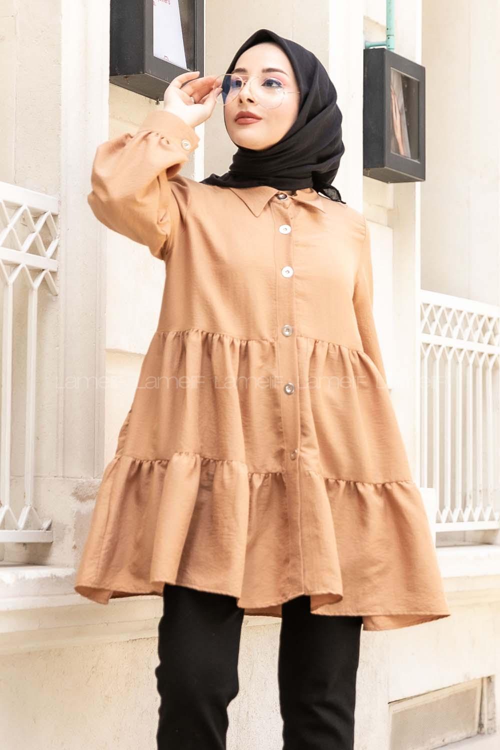 Modalamelif Metal Düğmeli Salaş Tunik Camel