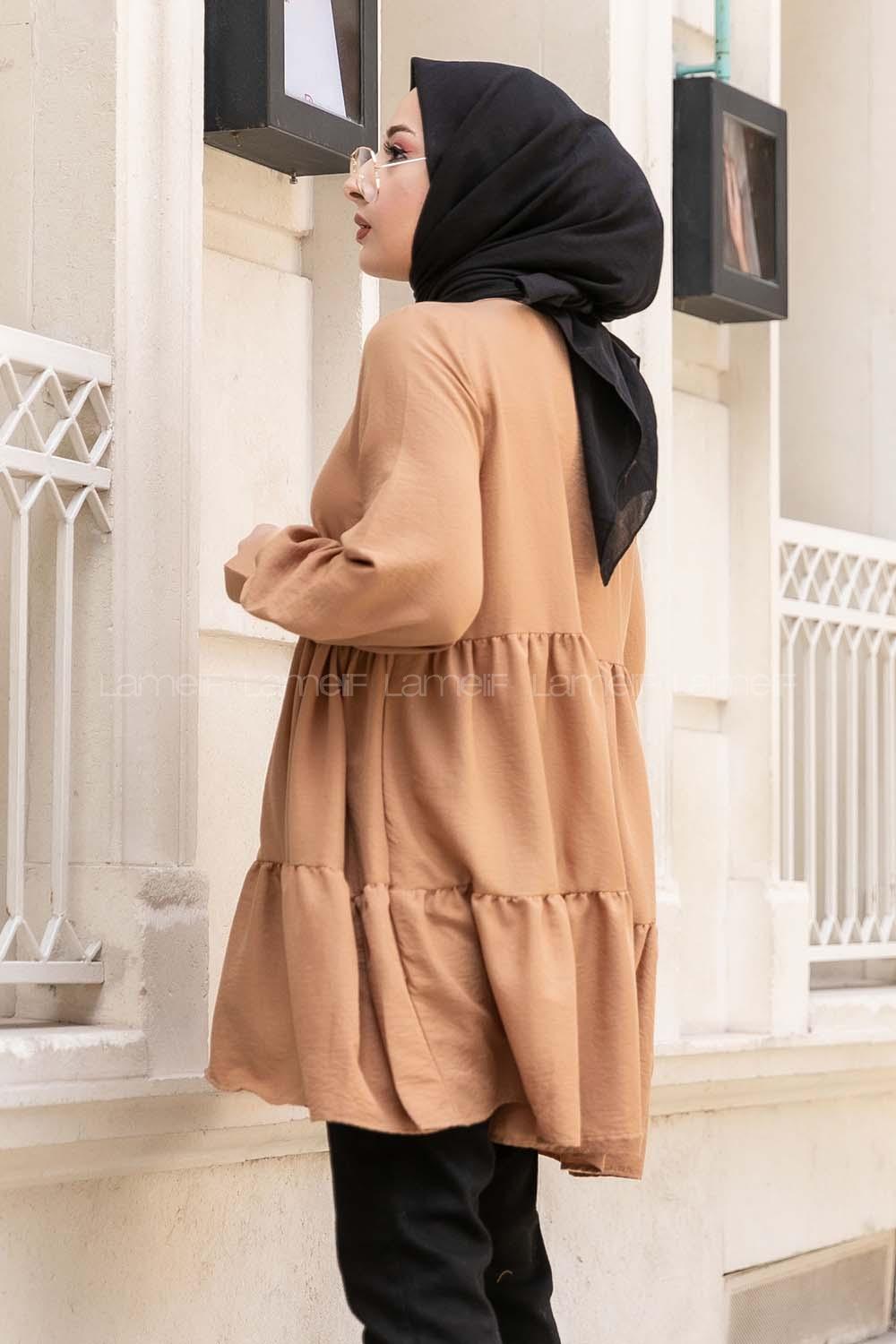 Modalamelif Metal Düğmeli Salaş Tunik Camel
