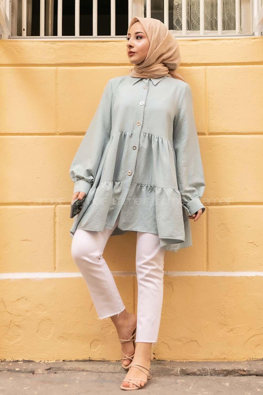 Modalamelif Metal Düğmeli Salaş Tunik Mint