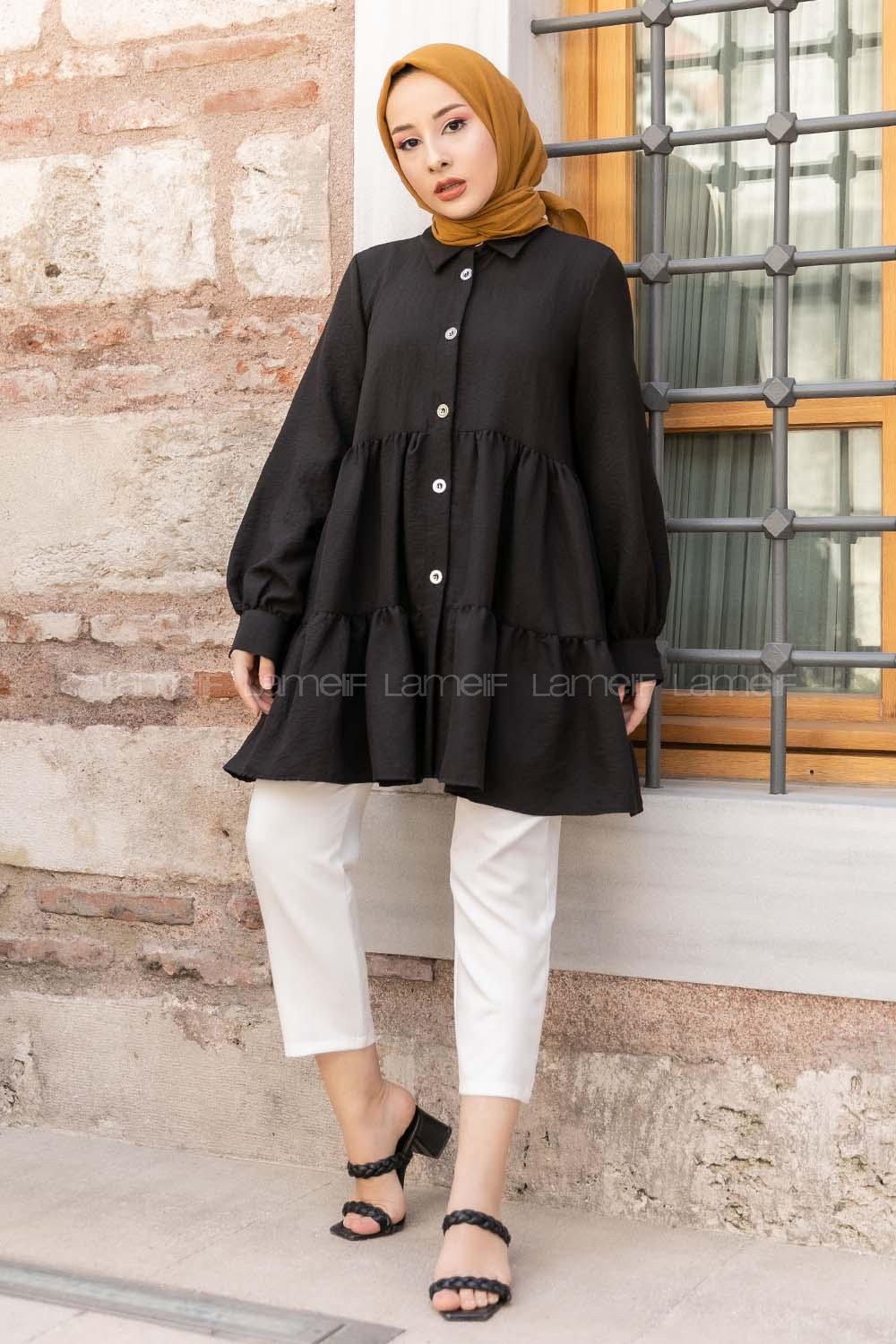 Modalamelif Metal Düğmeli Salaş Tunik Siyah