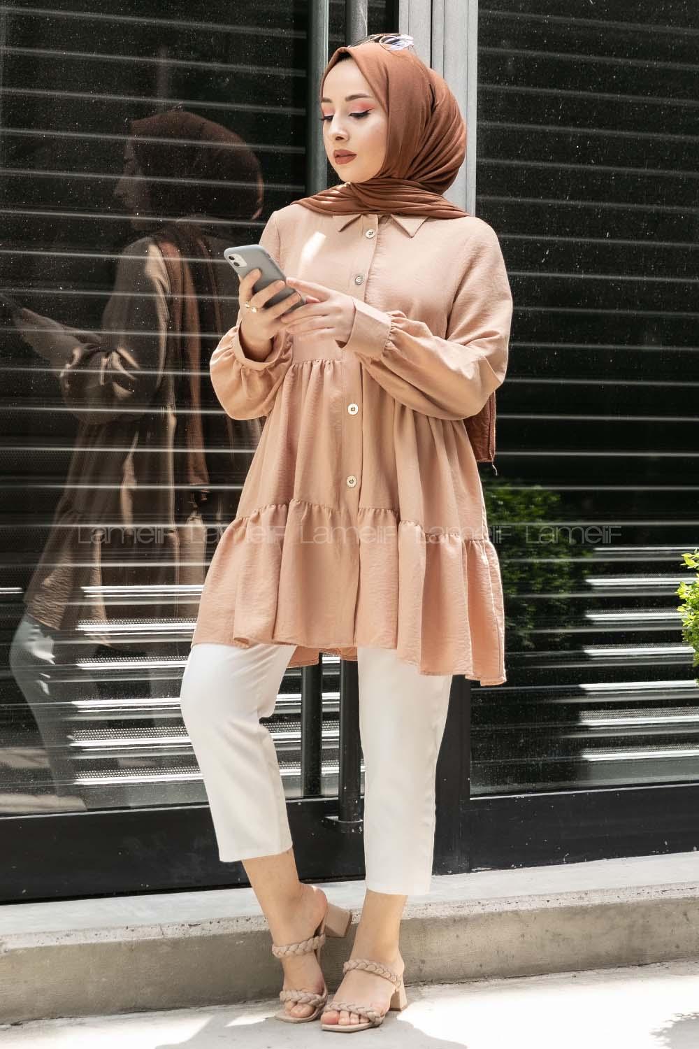 Modalamelif Metal Düğmeli Salaş Tunik Sütlü Kahve