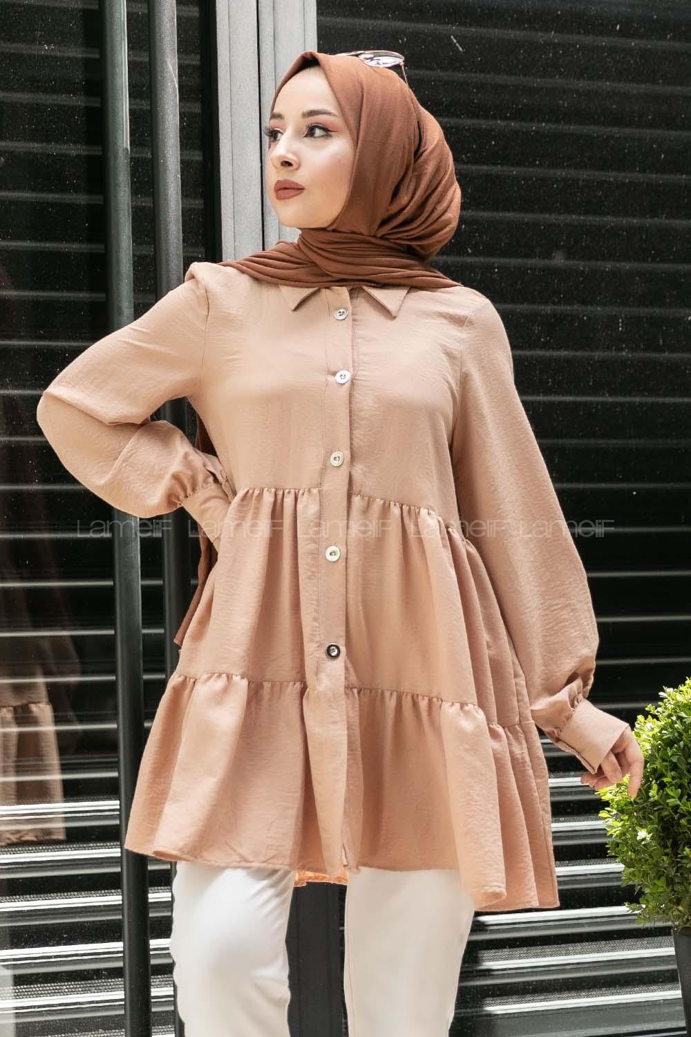 Modalamelif Metal Düğmeli Salaş Tunik Sütlü Kahve