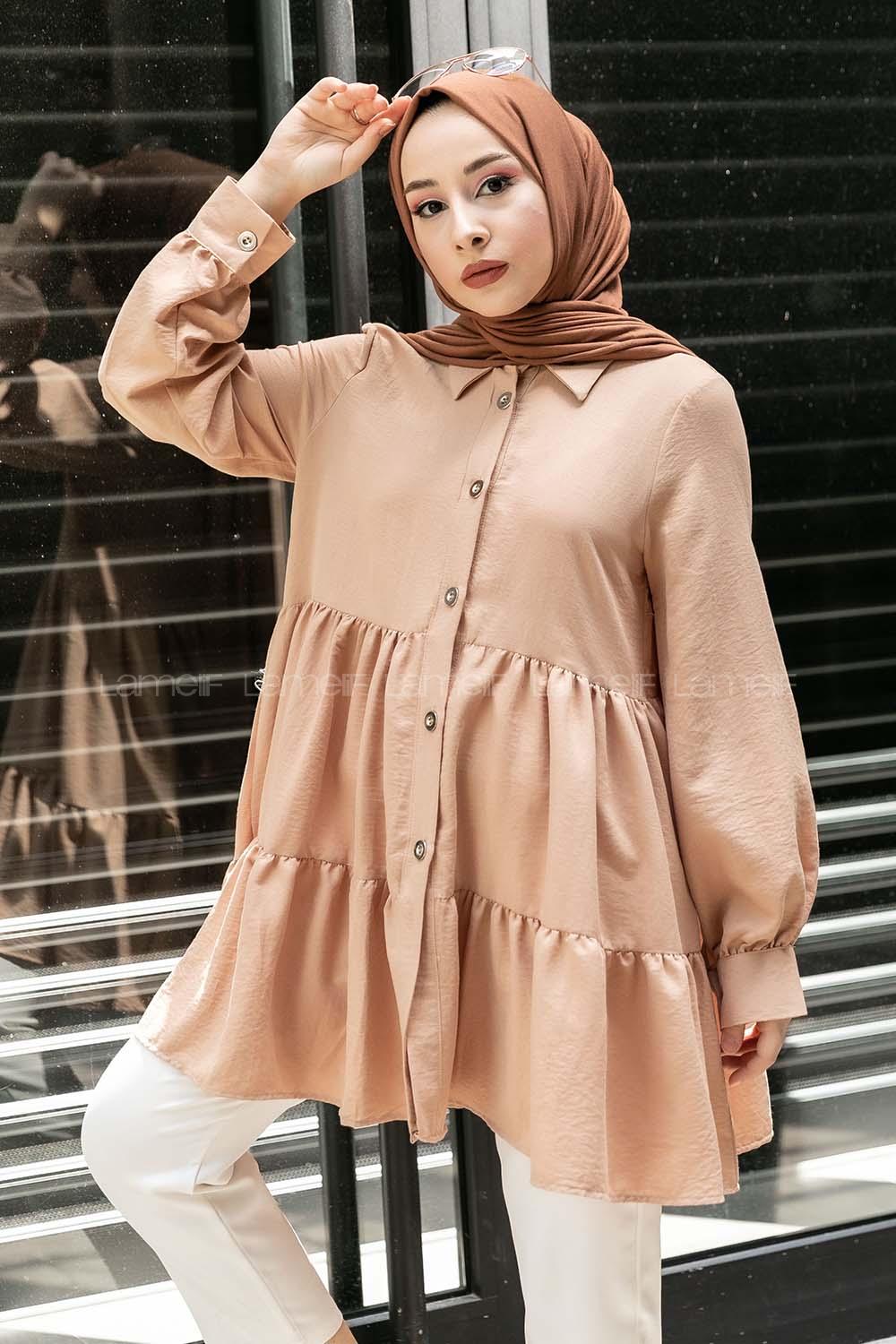 Modalamelif Metal Düğmeli Salaş Tunik Sütlü Kahve