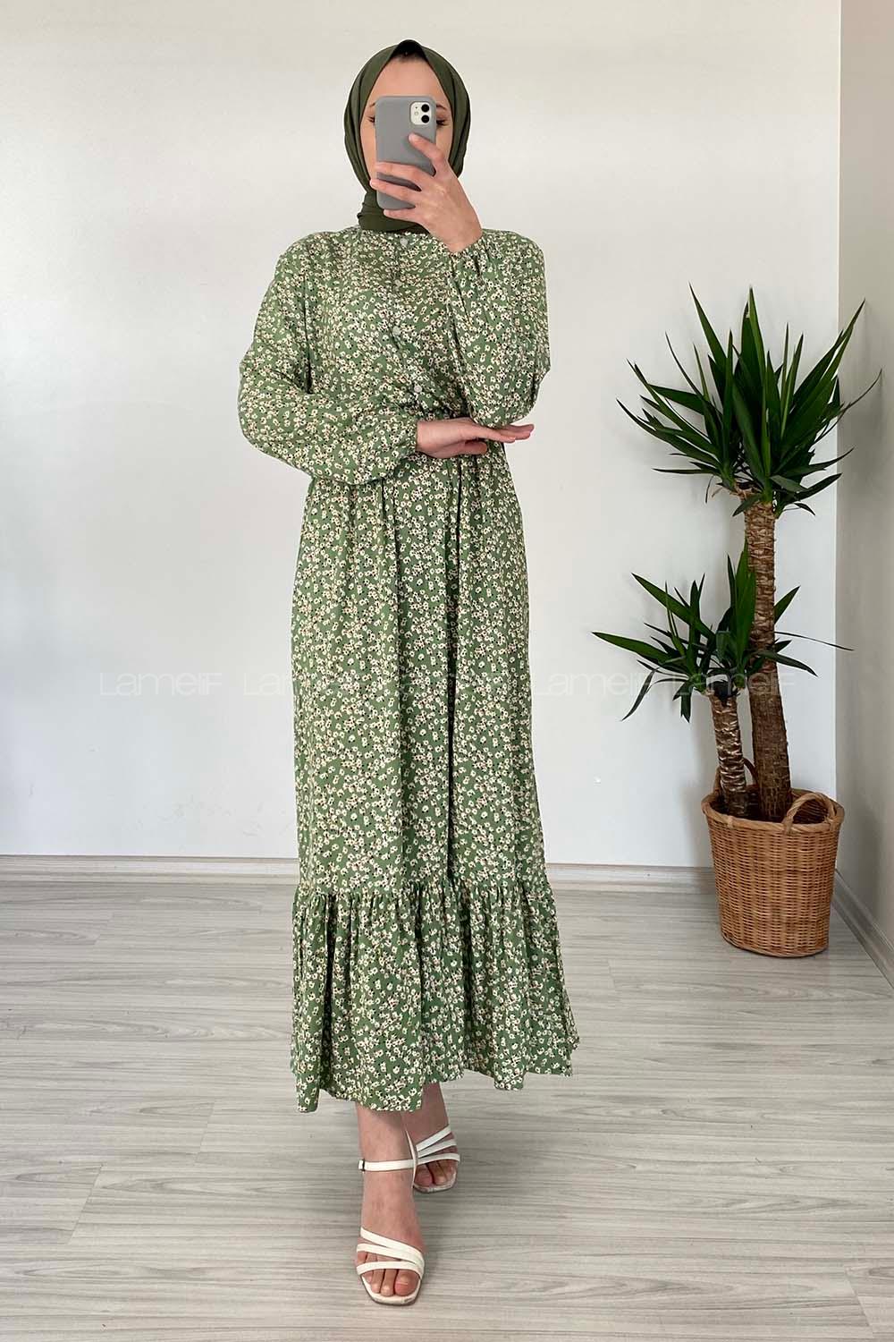 Modalamelif Minimal Papatya Desen Elbise Çağla Yeşili