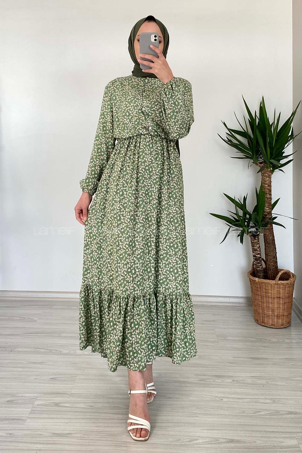 Modalamelif Minimal Papatya Desen Elbise Çağla Yeşili