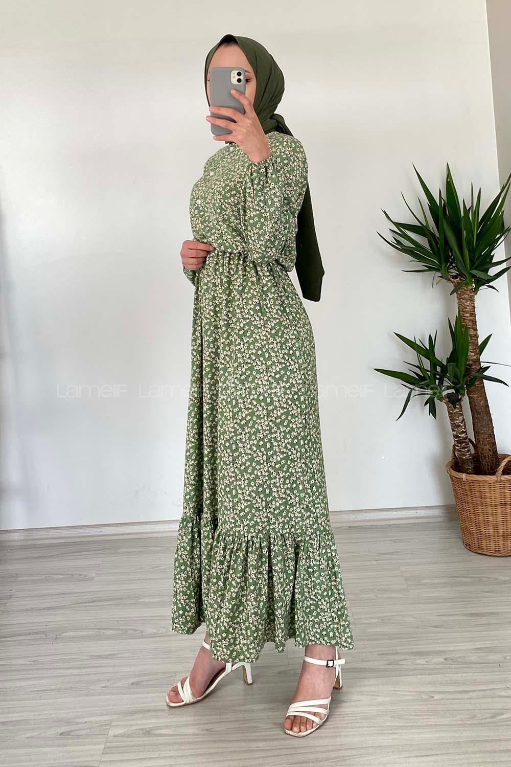 Modalamelif Minimal Papatya Desen Elbise Çağla Yeşili