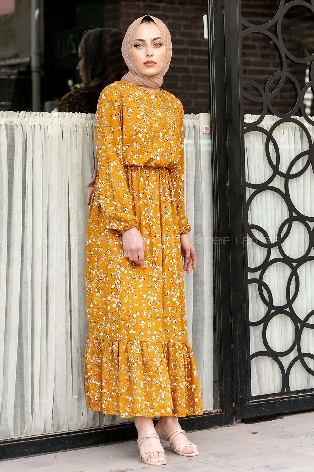 Modalamelif Minimal Papatya Desen Elbise Hardal