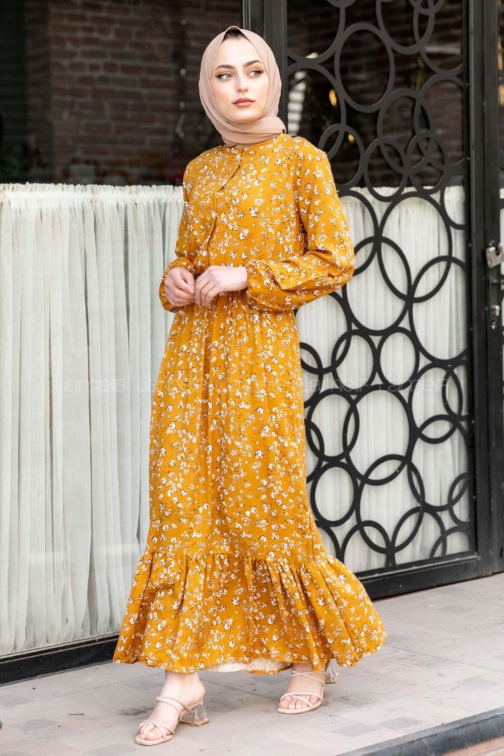 Modalamelif Minimal Papatya Desen Elbise Hardal