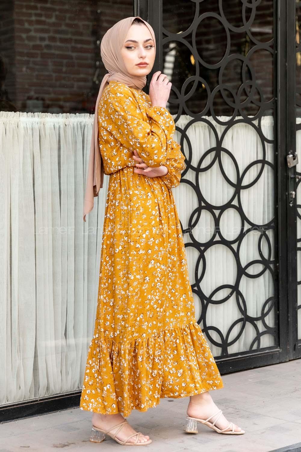 Modalamelif Minimal Papatya Desen Elbise Hardal