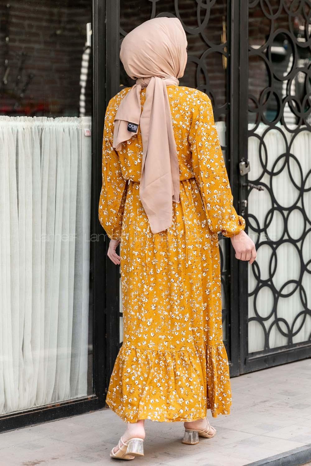 Modalamelif Minimal Papatya Desen Elbise Hardal