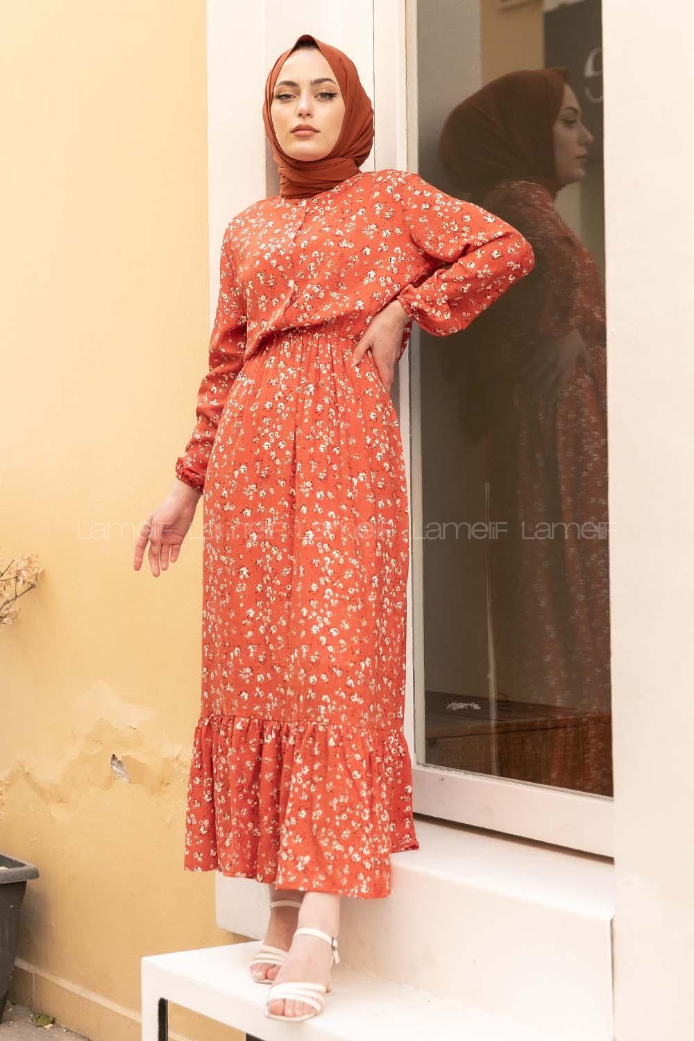 Modalamelif Minimal Papatya Desen Elbise Kiremit