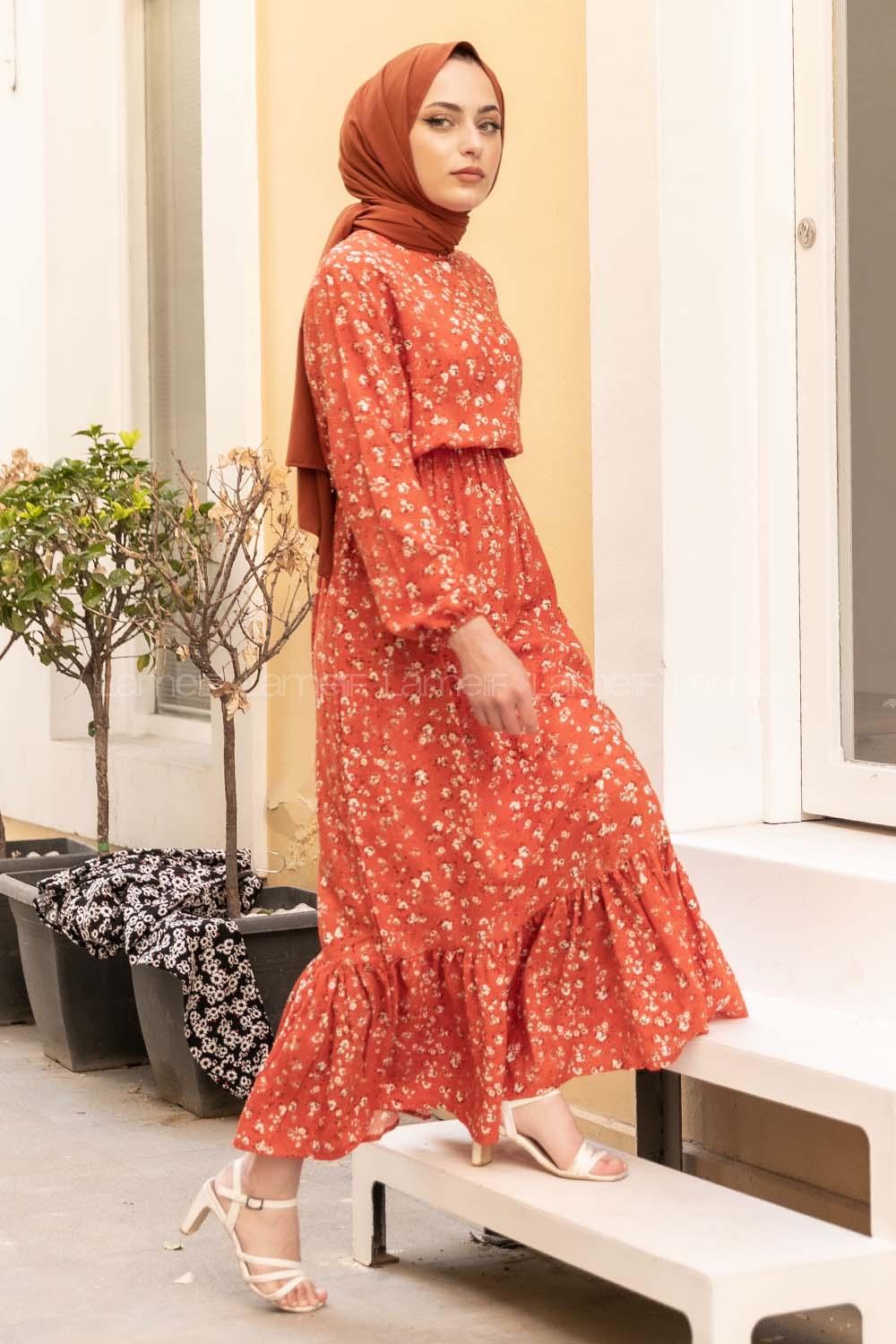 Modalamelif Minimal Papatya Desen Elbise Kiremit