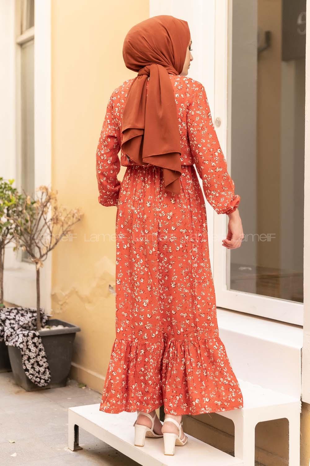 Modalamelif Minimal Papatya Desen Elbise Kiremit