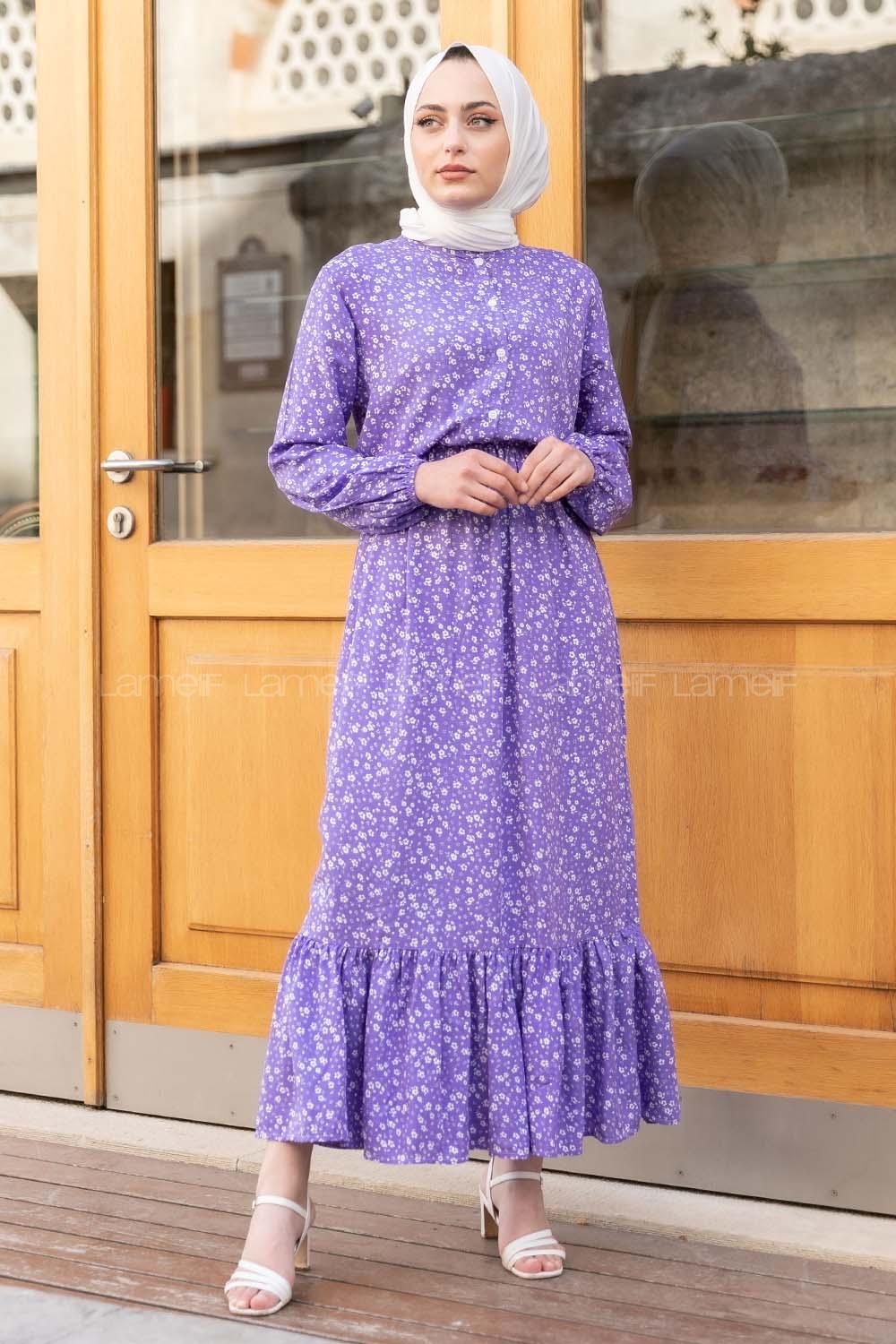 Modalamelif Minimal Papatya Desen Elbise Mor