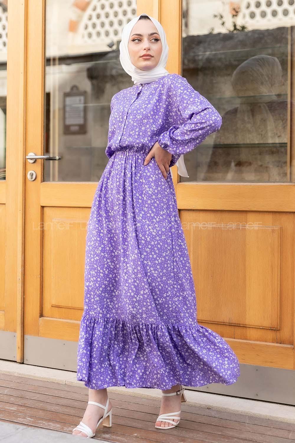 Modalamelif Minimal Papatya Desen Elbise Mor