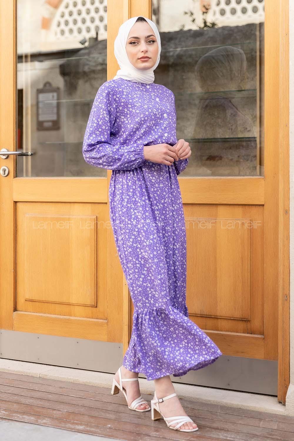 Modalamelif Minimal Papatya Desen Elbise Mor