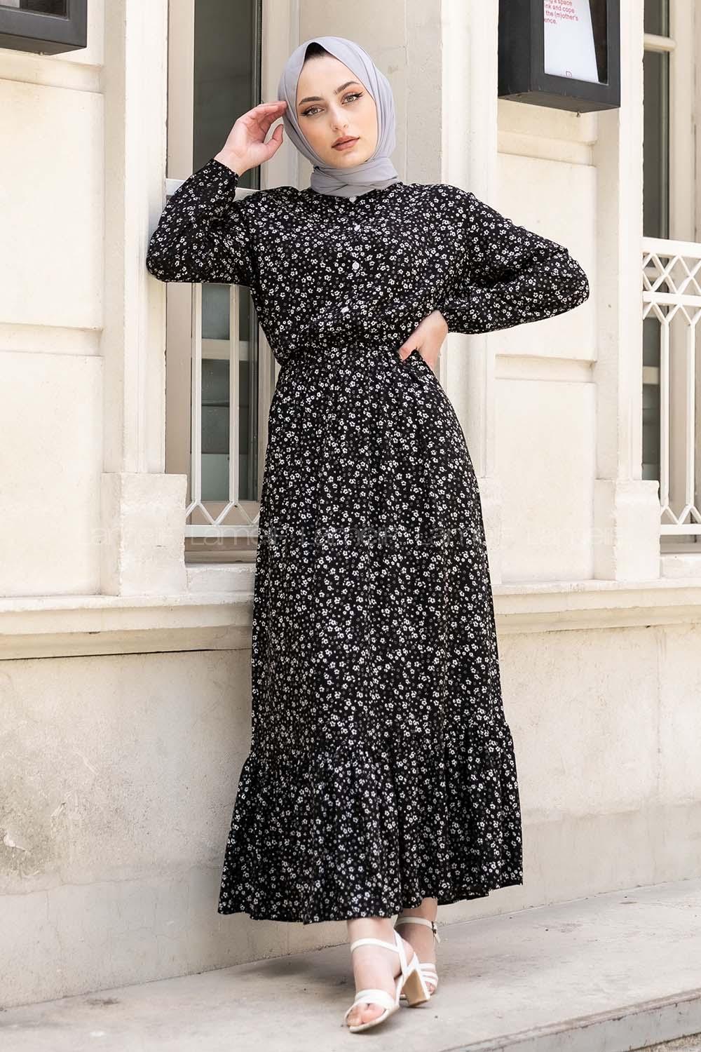 Modalamelif Minimal Papatya Desen Elbise Siyah