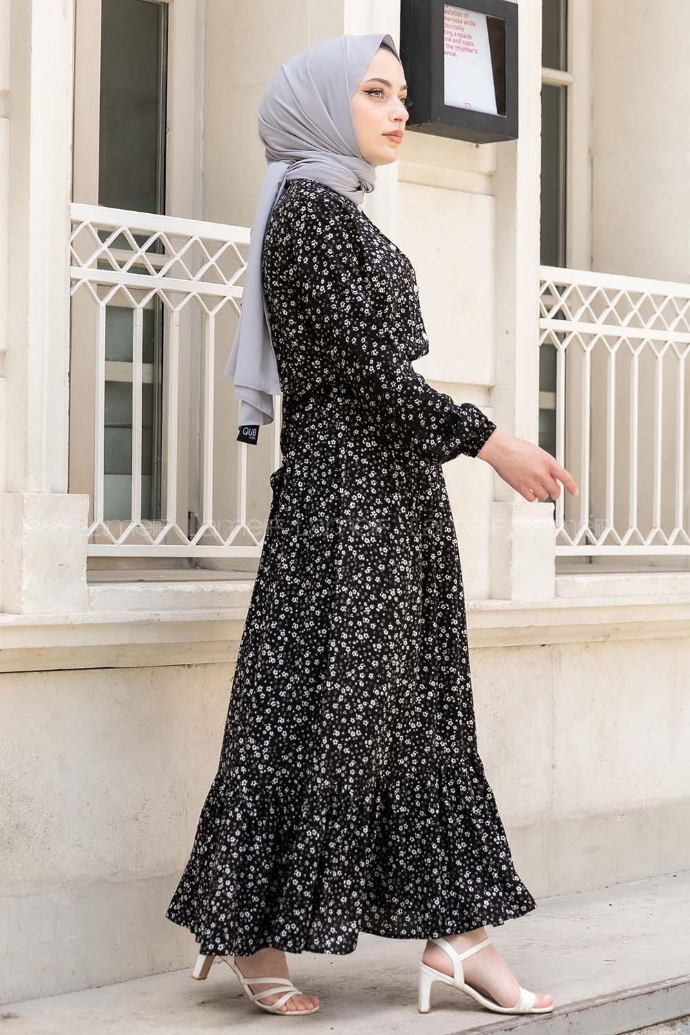 Modalamelif Minimal Papatya Desen Elbise Siyah