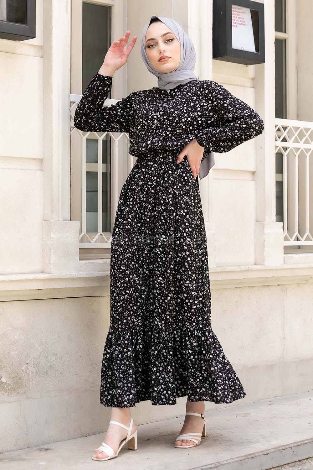 Modalamelif Minimal Papatya Desen Elbise Siyah