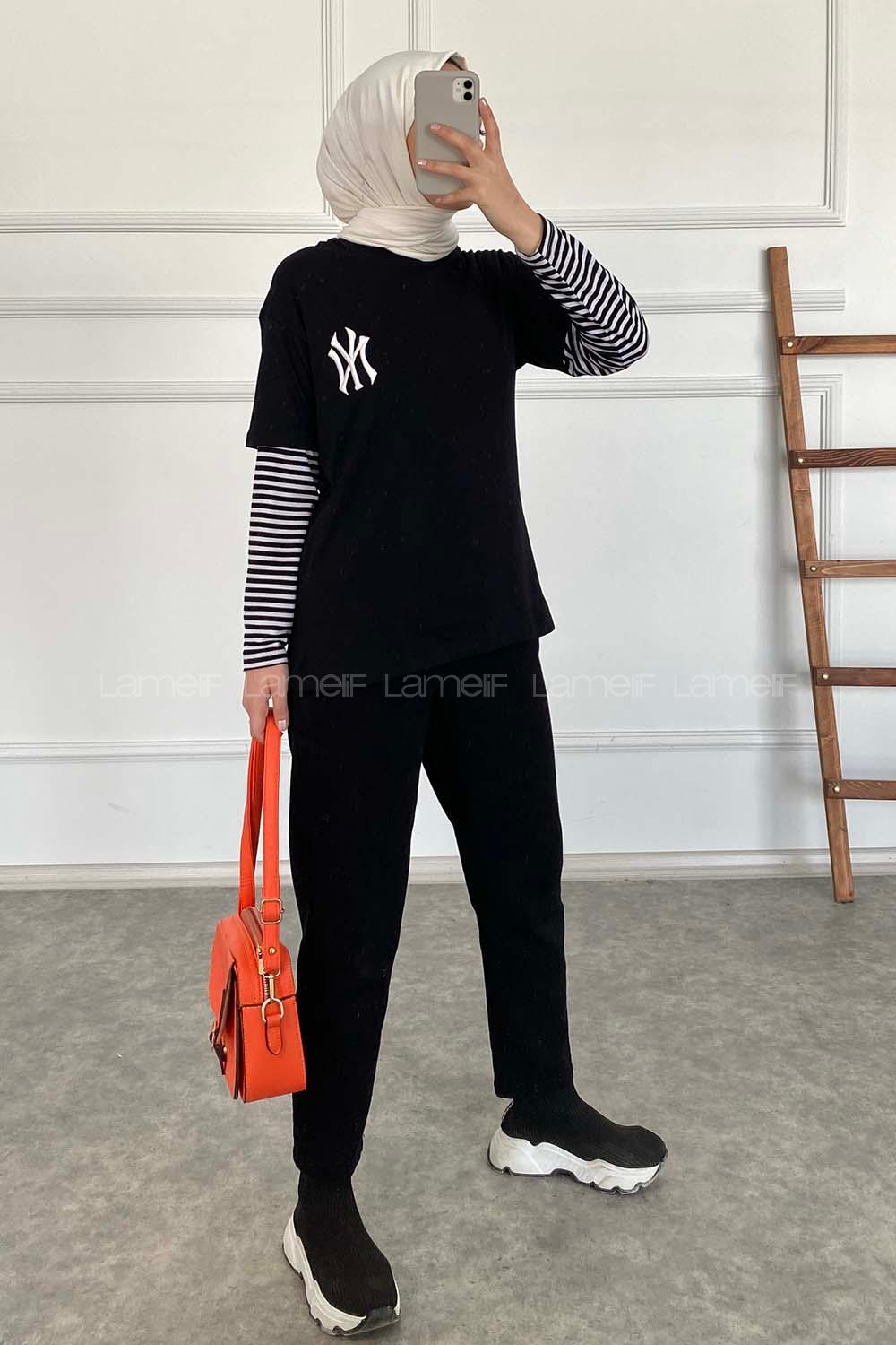 Modalamelif Nakış Baskılı Oversize T-Shirt Siyah