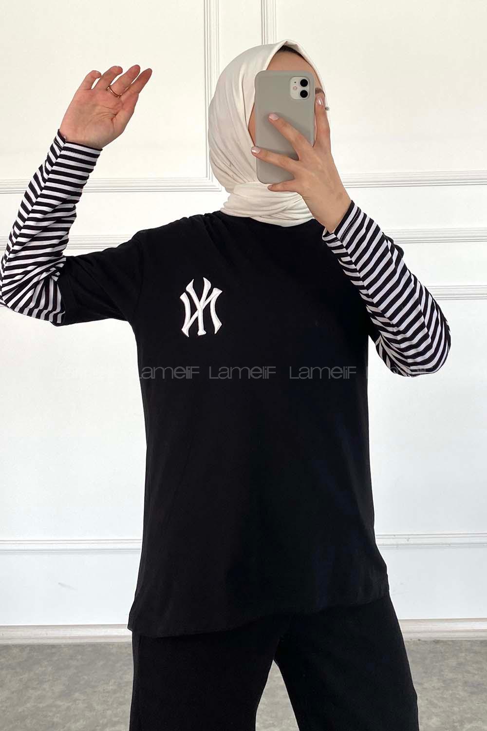 Modalamelif Nakış Baskılı Oversize T-Shirt Siyah