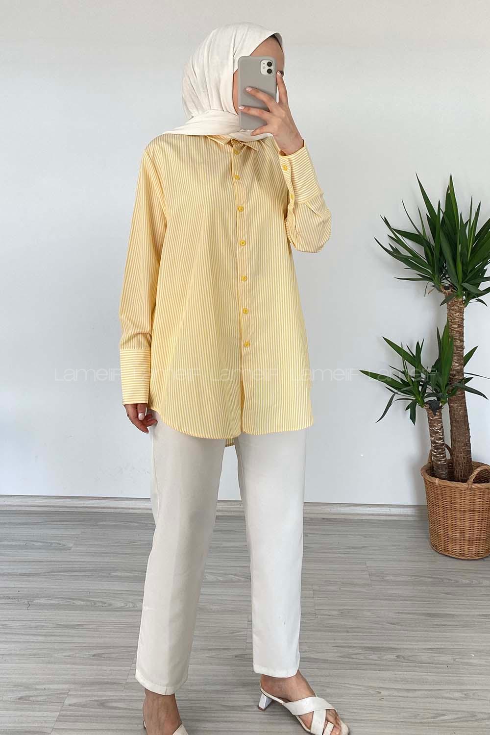 Modalamelif Önü Düğmeli Çizgili Gömlek Sarı