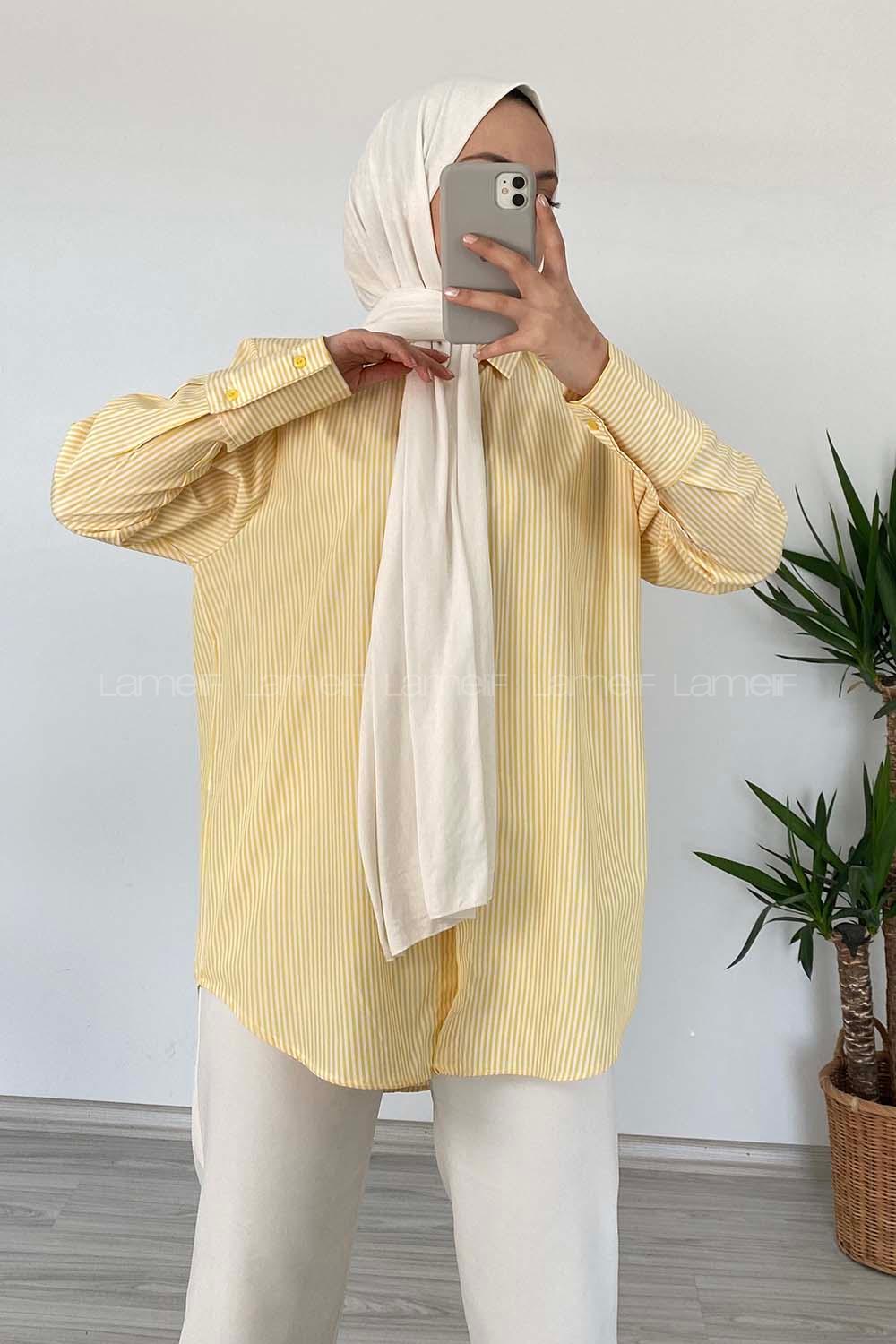 Modalamelif Önü Düğmeli Çizgili Gömlek Sarı