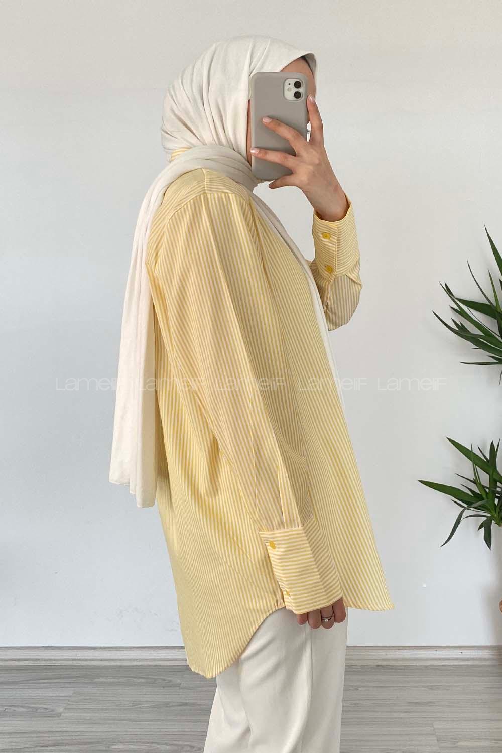 Modalamelif Önü Düğmeli Çizgili Gömlek Sarı