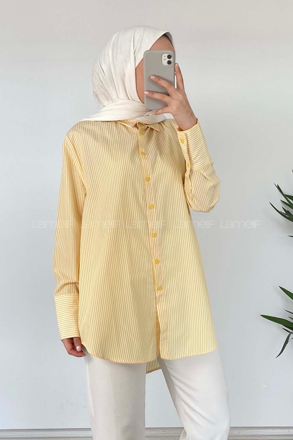 Modalamelif Önü Düğmeli Çizgili Gömlek Sarı