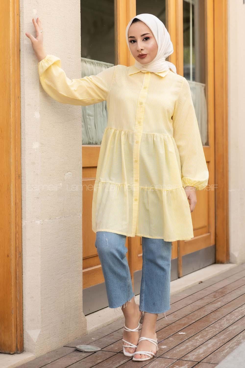 Modalamelif Önü Düğmeli Çizgili Tunik Sarı