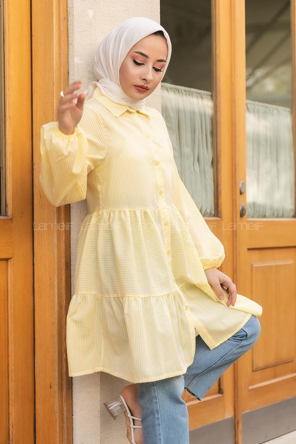 Modalamelif Önü Düğmeli Çizgili Tunik Sarı