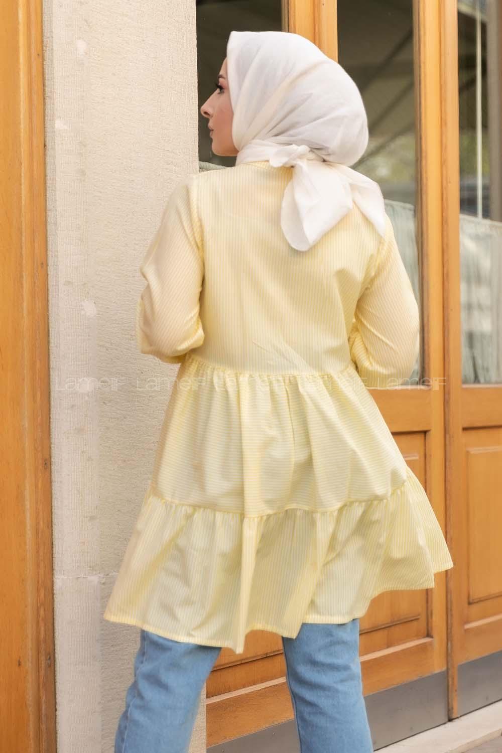 Modalamelif Önü Düğmeli Çizgili Tunik Sarı