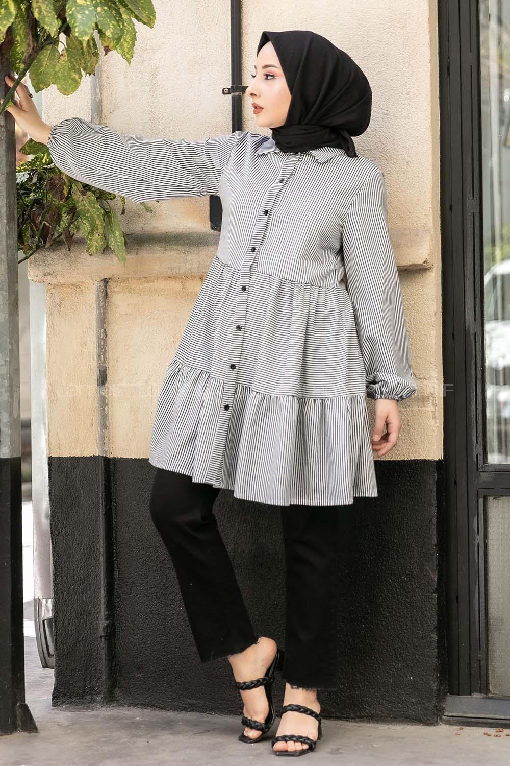 Modalamelif Önü Düğmeli Çizgili Tunik Siyah