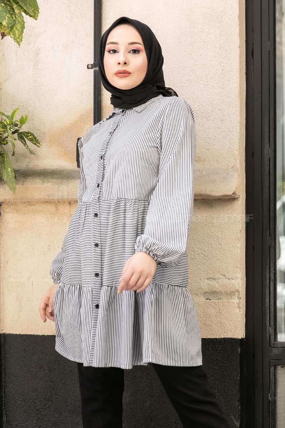 Modalamelif Önü Düğmeli Çizgili Tunik Siyah