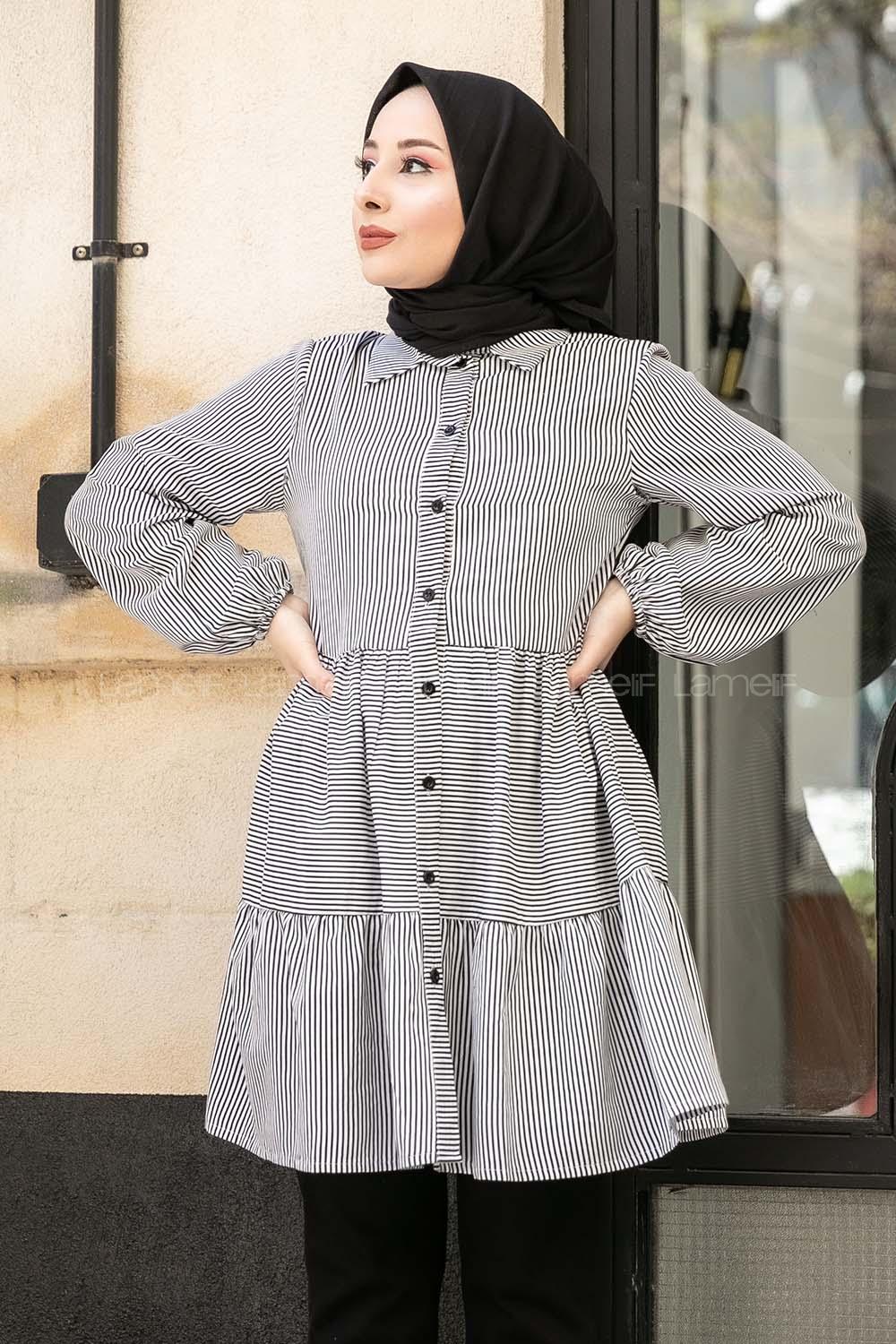 Modalamelif Önü Düğmeli Çizgili Tunik Siyah