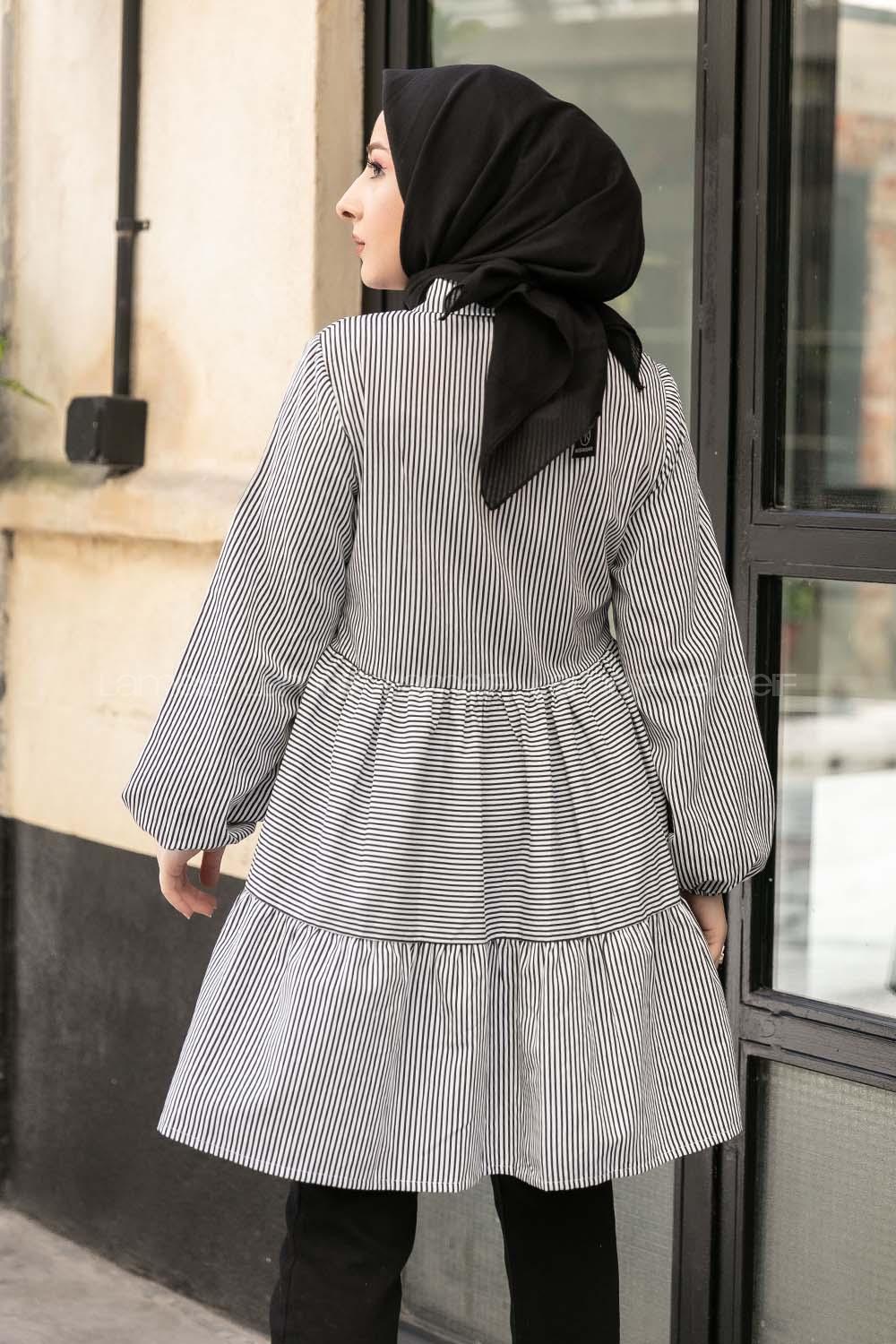 Modalamelif Önü Düğmeli Çizgili Tunik Siyah