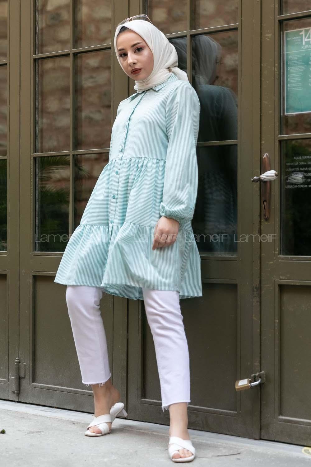 Modalamelif Önü Düğmeli Çizgili Tunik Yeşil