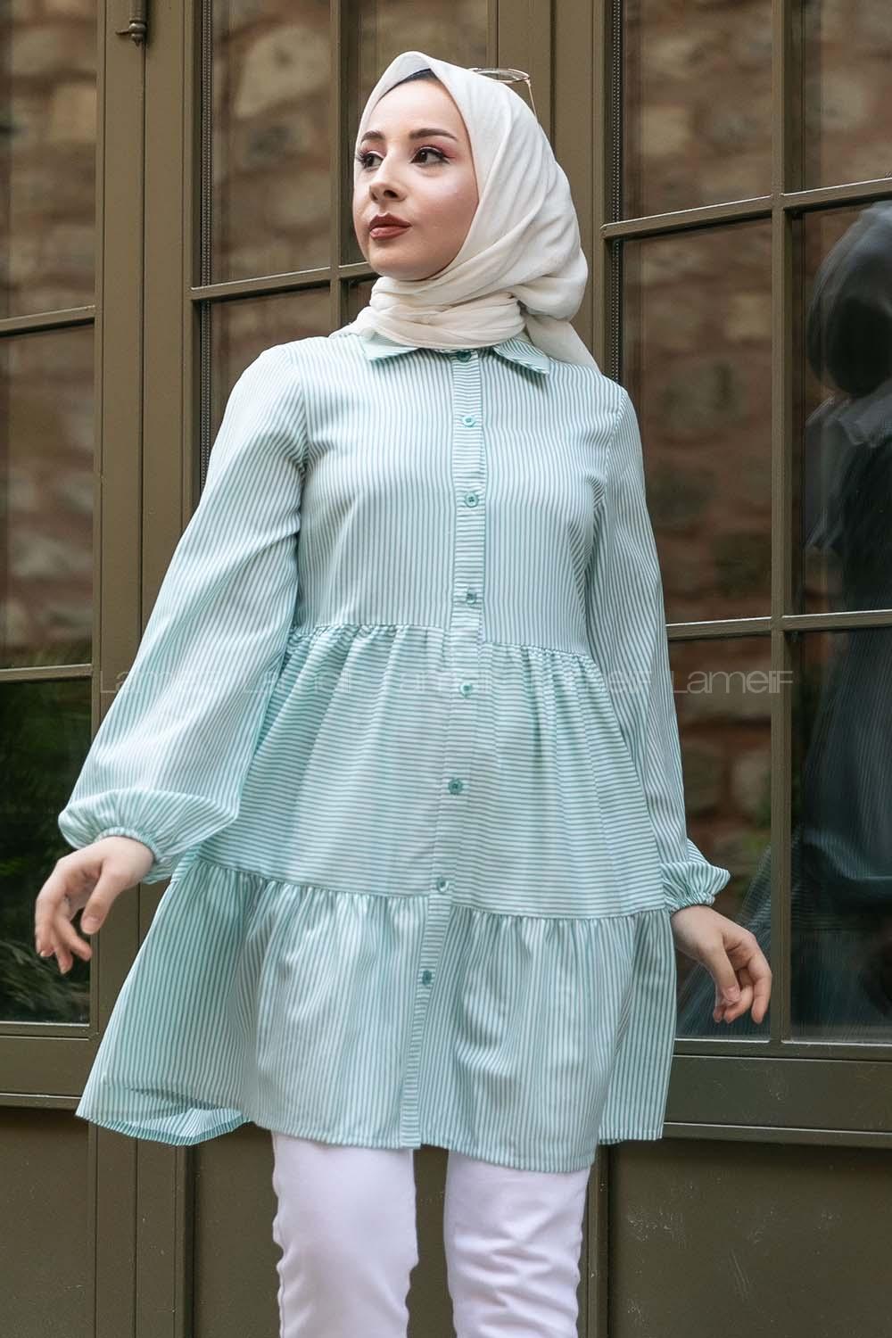 Modalamelif Önü Düğmeli Çizgili Tunik Yeşil