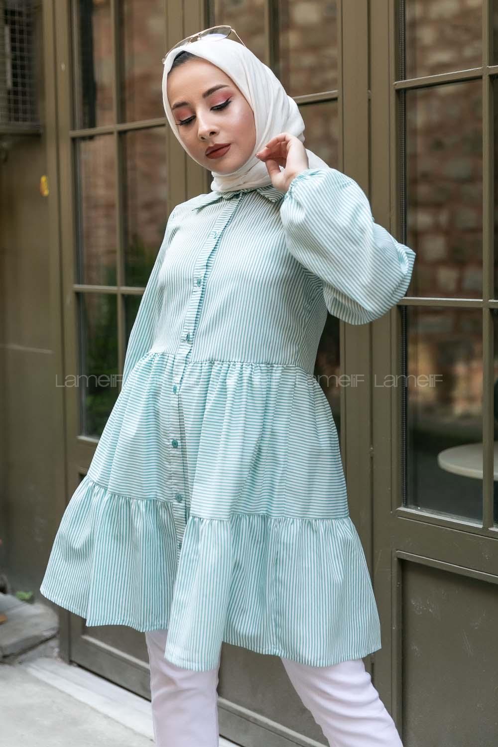 Modalamelif Önü Düğmeli Çizgili Tunik Yeşil