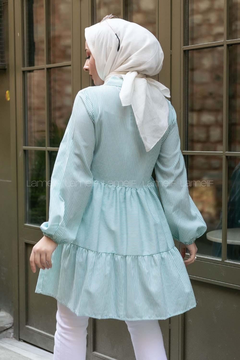 Modalamelif Önü Düğmeli Çizgili Tunik Yeşil