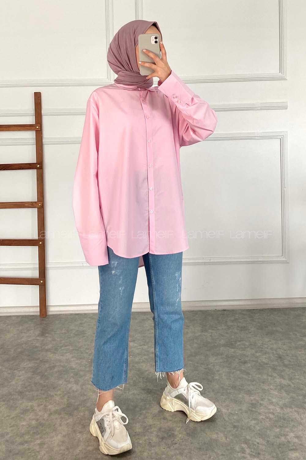 Modalamelif Önü Düğmeli Oversize Gömlek Pembe