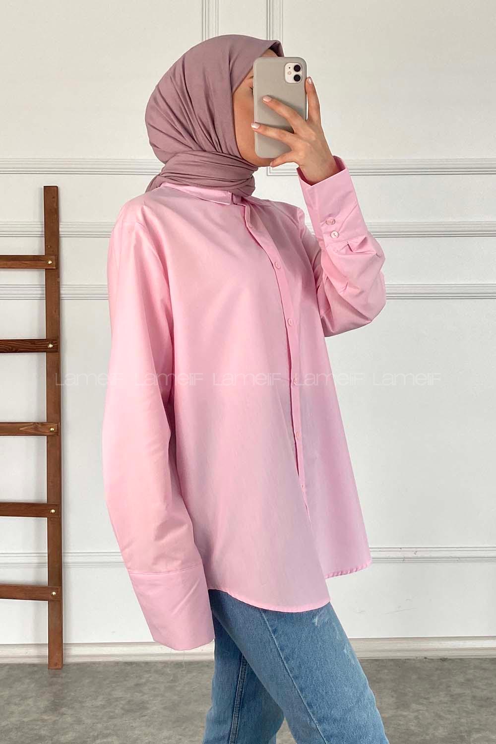 Modalamelif Önü Düğmeli Oversize Gömlek Pembe