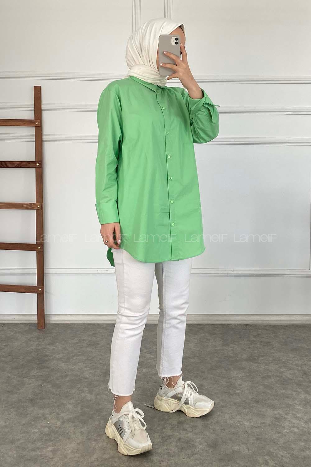 Modalamelif Önü Düğmeli Oversize Gömlek Yeşil