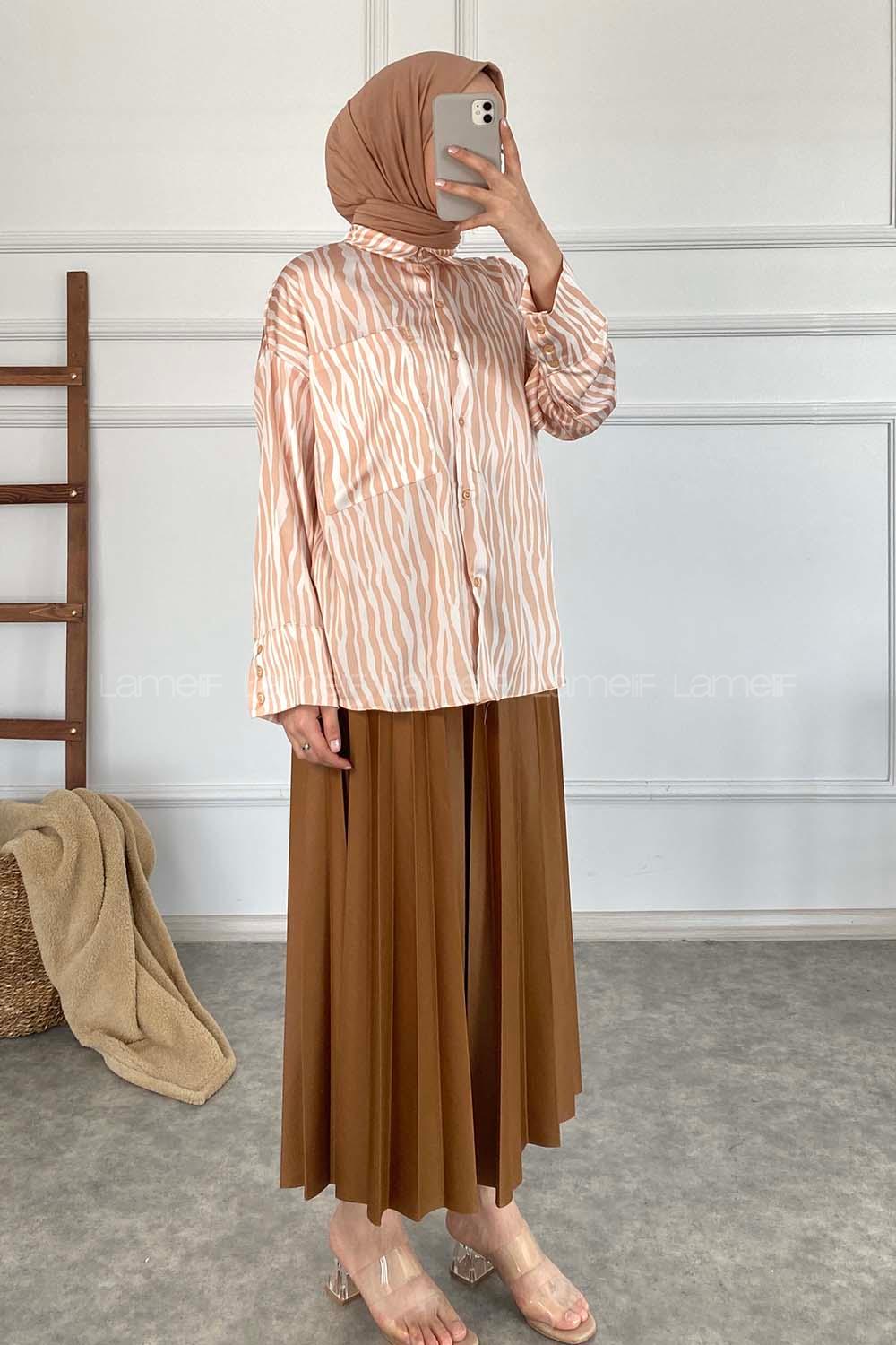 Modalamelif Önü Düğmeli Zebra Desen Gömlek Soft Pudra