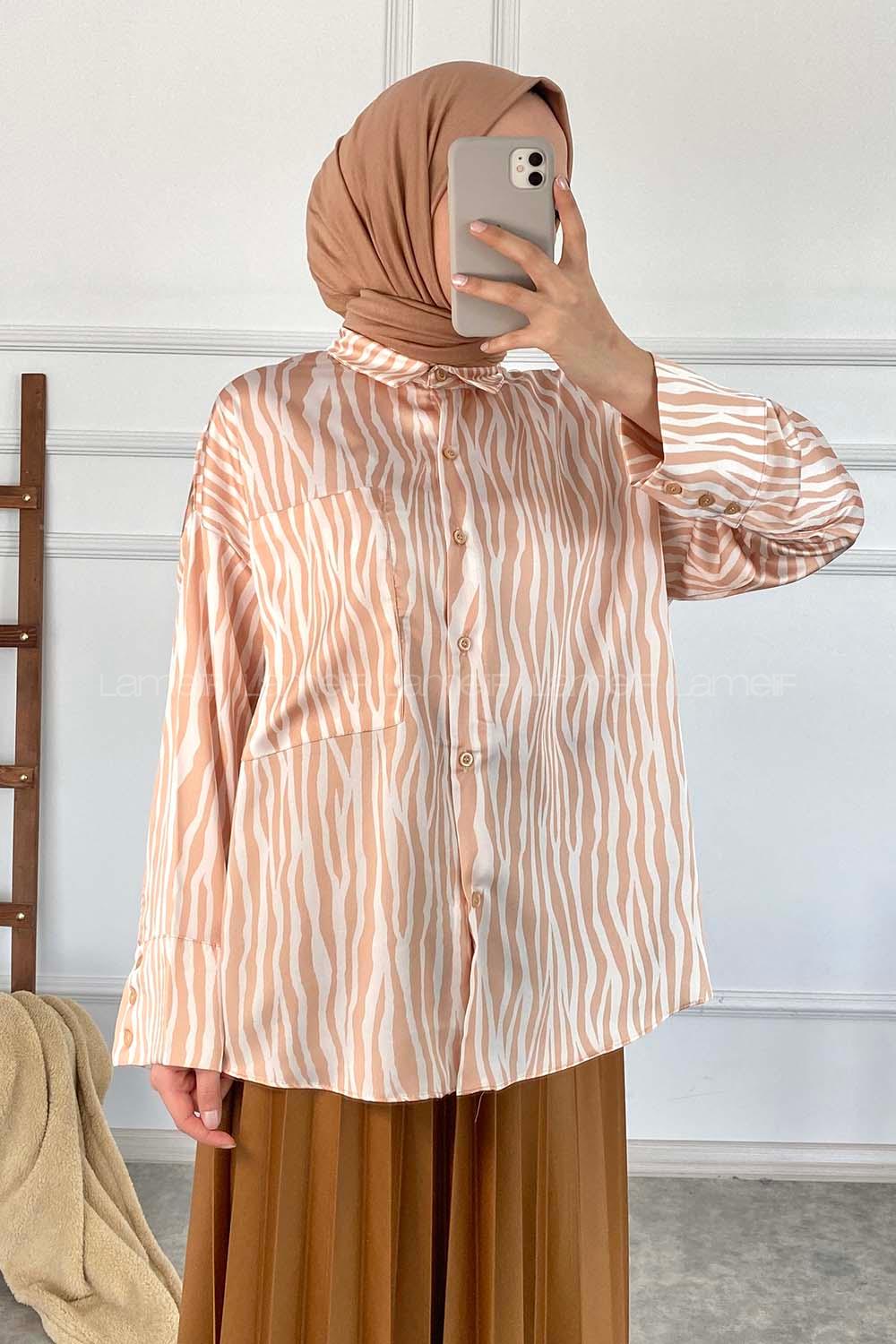 Modalamelif Önü Düğmeli Zebra Desen Gömlek Soft Pudra