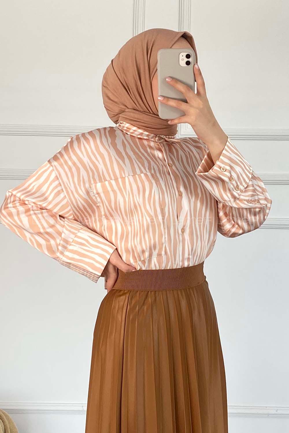 Modalamelif Önü Düğmeli Zebra Desen Gömlek Soft Pudra